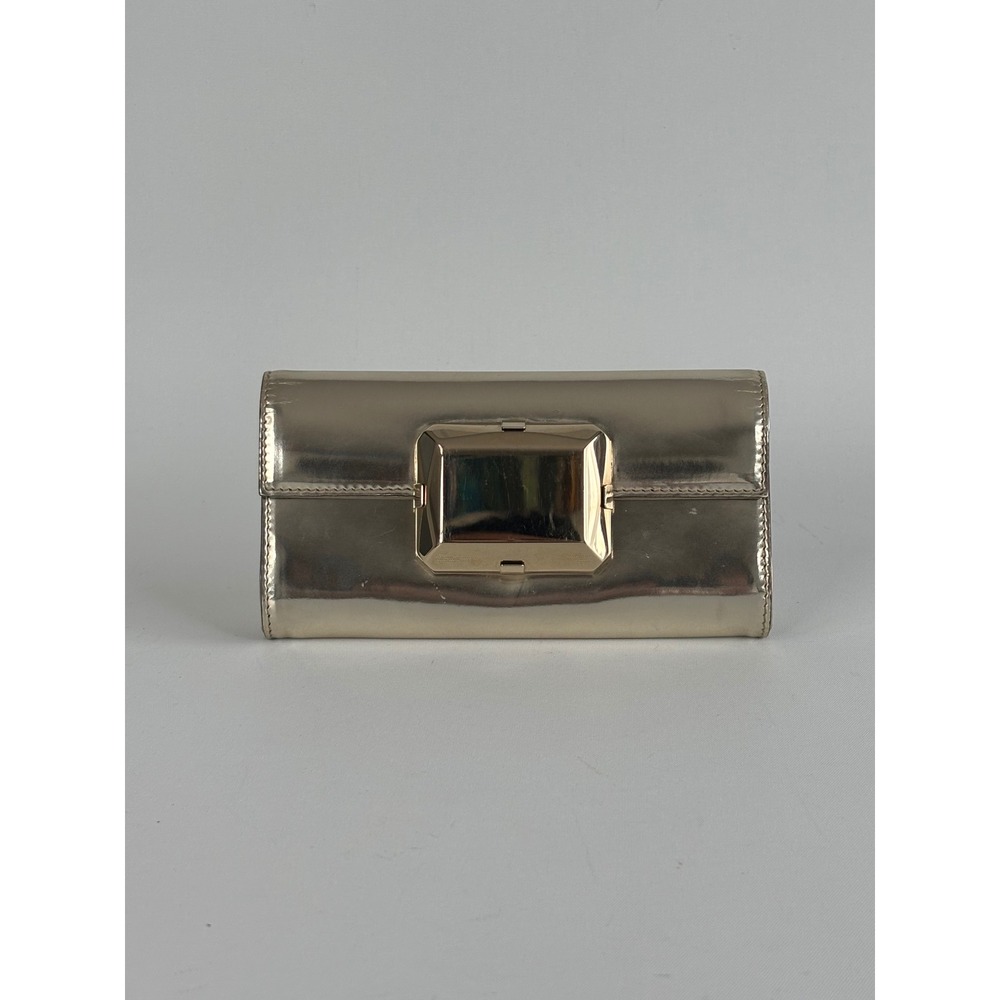 Gucci Gold Metallic Patent Leather Evening Clutch Bag with Large Buckle Closure